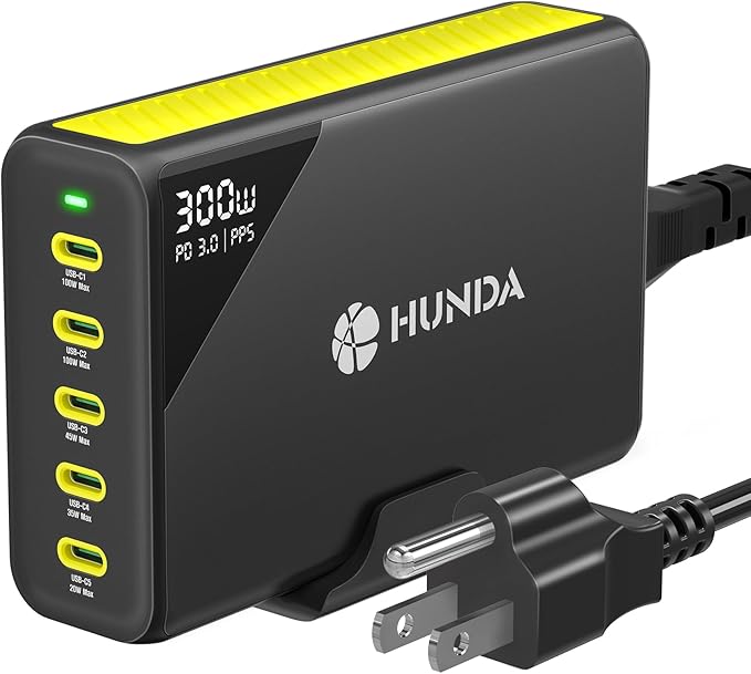 HUNDA 300W USB C Charger GaN Charging Station Desktop 5 Ports PD 100W Fast by HUNDA