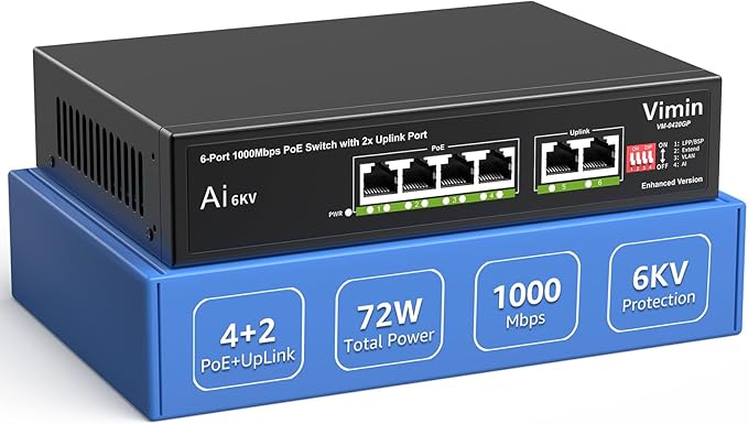 6-Port Gigabit PoE Switch with 4 Port PoE, VIMIN 4-Port Unmanaged by Vimin
