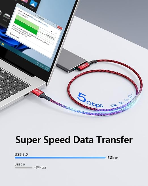 SUNGUY USB C Cable Right Angle 10FT, 5Gbps USB 3.0 to USB C Data Cable - Image 3