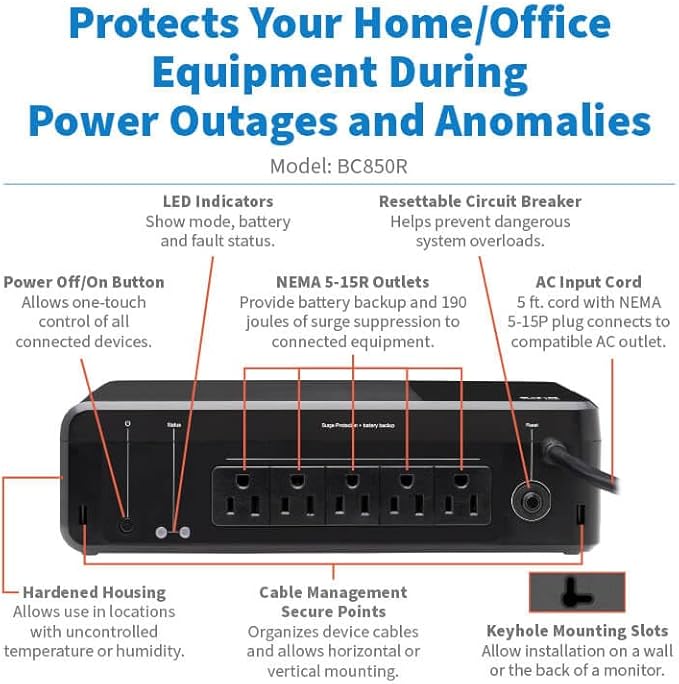 Tripp Lite 850VA UPS Desktop Battery Backup and Surge Protector, 5 Outlets - Image 2