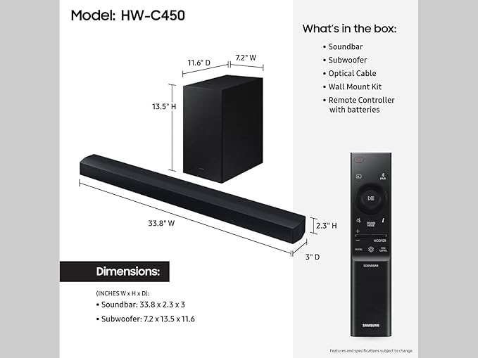Samsung HW-C450 2.1ch Soundbar w/DTS Virtual X, Subwoofer Included, Bass Boost - Image 2