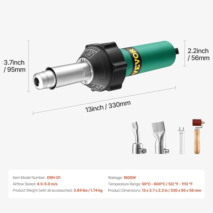 VEVOR Hot Air Plastic Welder, 1600W Hot Air Torch Pistol, 122-1112℉ PVC TPO - Image 7