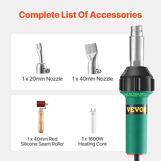VEVOR Hot Air Plastic Welder, 1600W Hot Air Torch Pistol, 122-1112℉ PVC TPO - Image 6