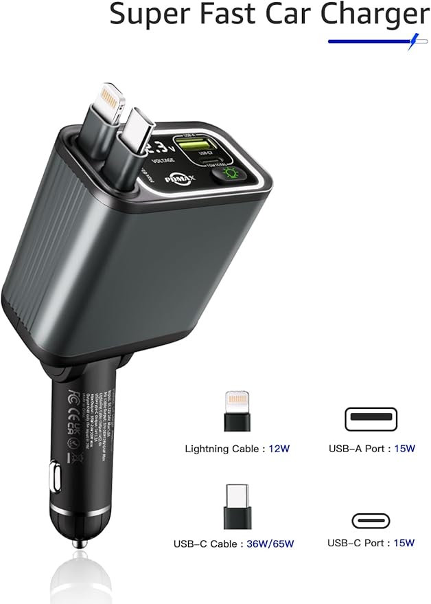 Retractable Car Charger USB C, 107W Type C Car Charger Fast Charging - Image 4