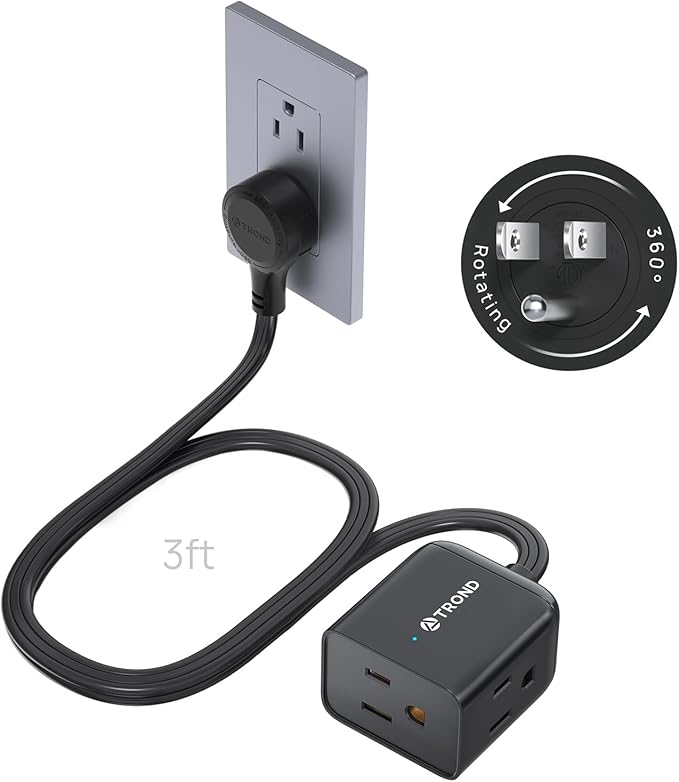 TROND 360° Rotating Flat Plug Extension Cord 3ft, Low Profile Small Power Strip by TRONDOfficial