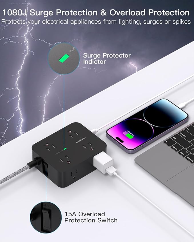 Power Strip Surge Protector, HANYCONY 8 Outlets - Image 3