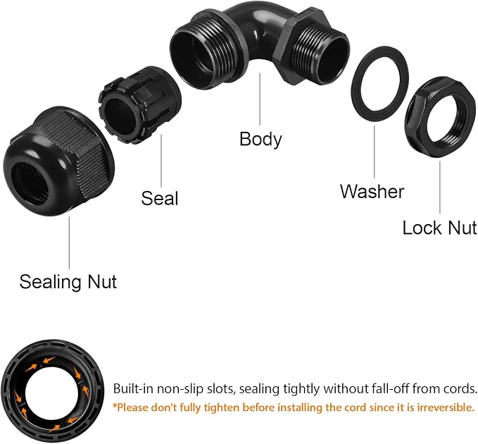 LeMotech M16 Cable Gland, 90 Degree Adjustable 6-10mm Strain Relief, Cord - Image 4