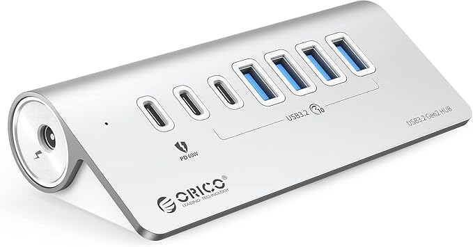 ORICO 7 Port USB Hub 10Gbps, Aluminum USB 3.2 Gen 2 Hub, 6 USB 3.2 Data Ports by PioneerDataSolutionPowerYourFuture
