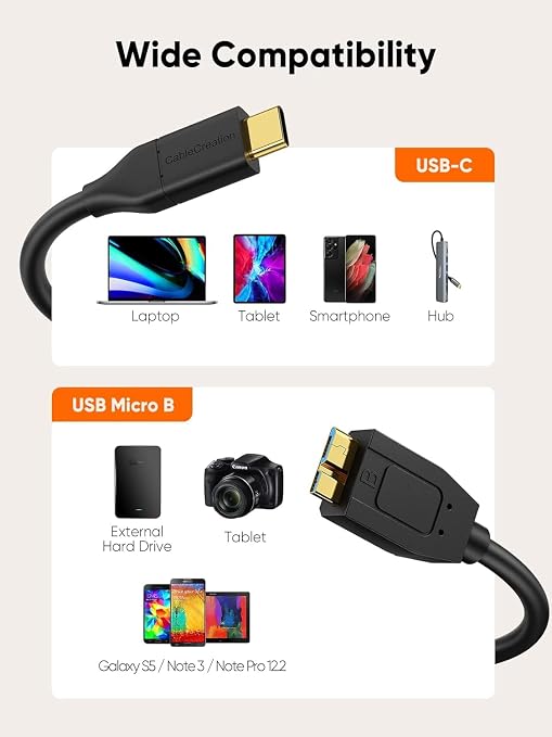CableCreation 1FT*3 USB C to Micro B Cable, 10Gbps Speed External Hard Drive - Image 6