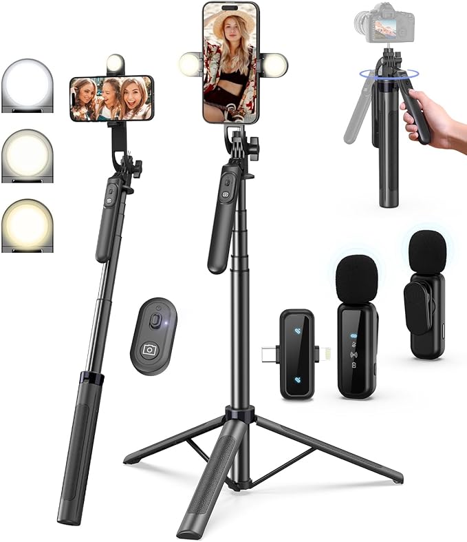 Vlogging Kit for iPhone/Android, Wireless Remote & Microphone, Adjustable Phone by YEAKI