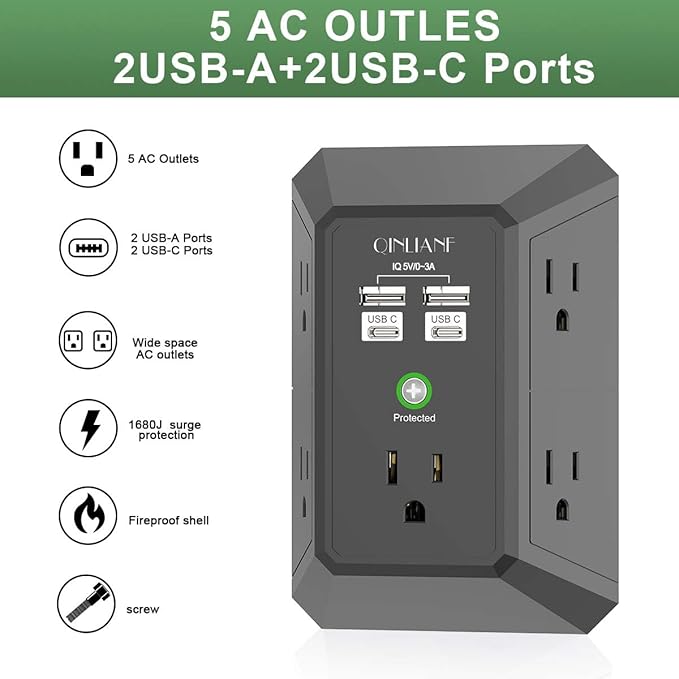 USB Wall Charger, Surge Protector, QINLIANF 5 Outlet Extender - Image 2