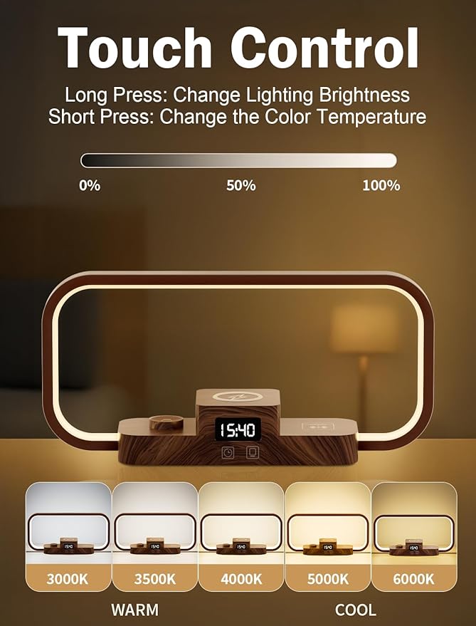 LED Bedside Lamp with Wireless Charger, 3 in 1 Touch Control Bedside Lamp - Image 2