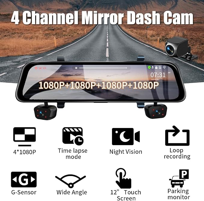 4 Channel Mirror Dash Cam, 360 Dash Camera FHD 1080P Front and Rear 12'' Full - Image 2