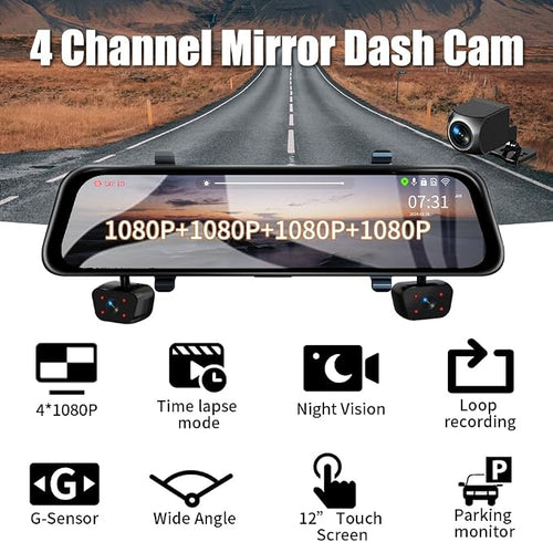 4 Channel Mirror Dash Cam, 360 Dash Camera FHD 1080P Front and Rear 12'' Full - Image 2