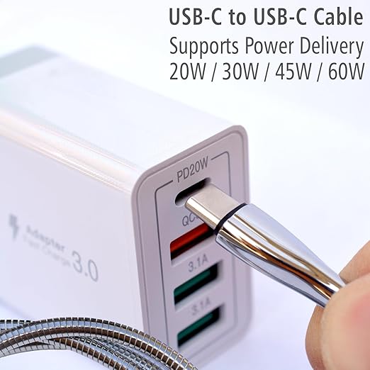 Metal Braided Wire USB C to USB C Cable 6ft, 60W 3A, Stainless Steel, Strong - Image 3