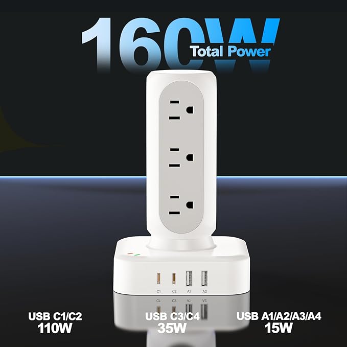 TenTrend 160W Fast Charging Station, Flat Plug Power Strip Tower - Image 3