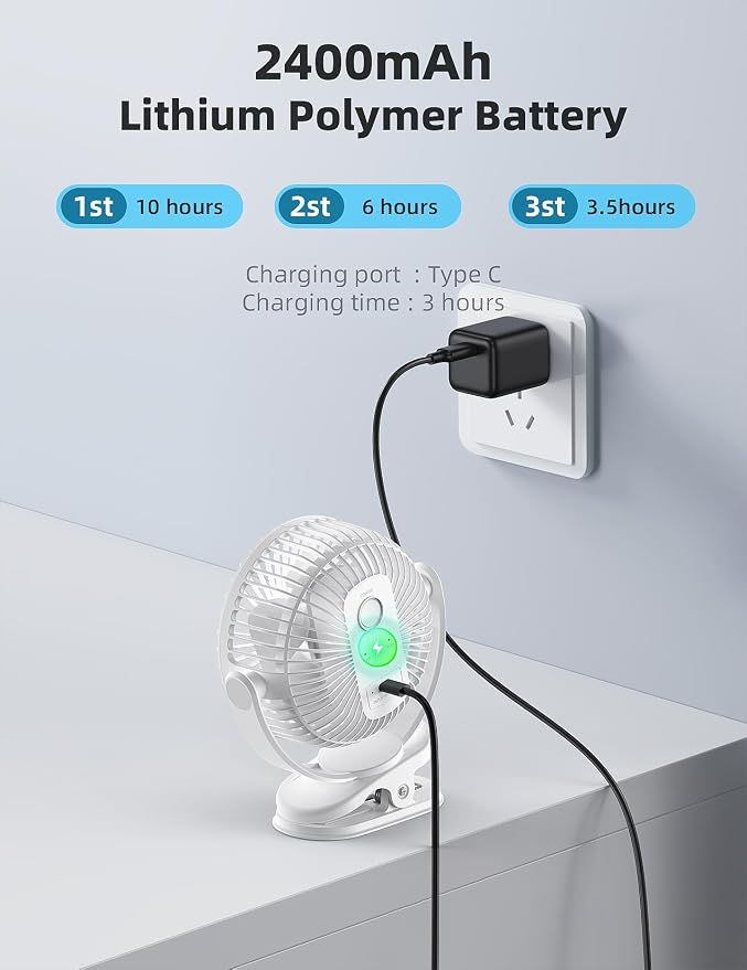 usb Personal Clip on Fan 2400mAh Battery Operated 6in, Type C, 3 Speed - Image 6