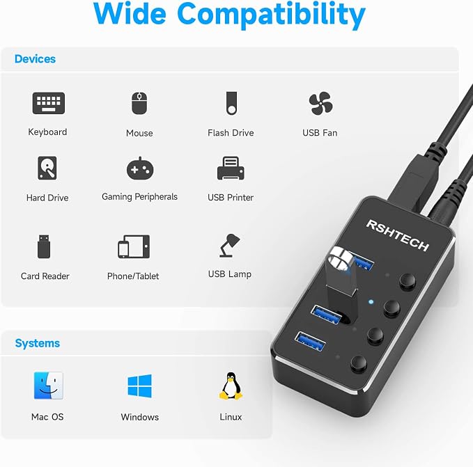 USB 3.0 Hub RSHTECH 4 Port Powered USB 3.0/USB C Hub Upgraded Version - Image 5