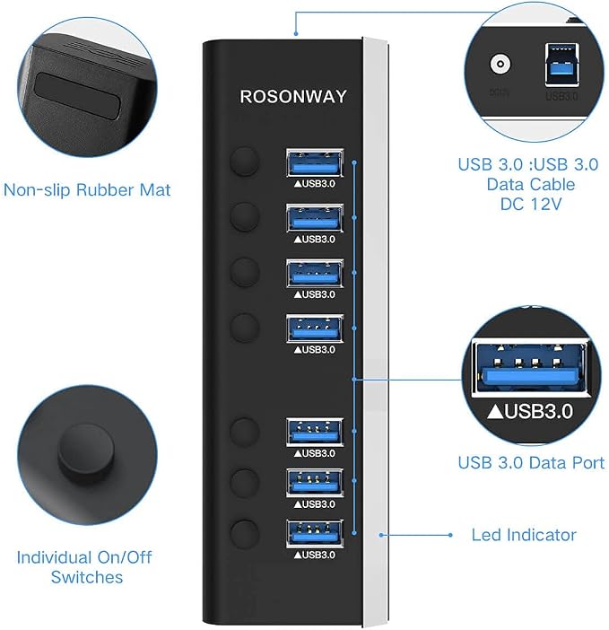 USB Hub 3.0 Powered Rosonway Aluminum 7 Ports USB 3.0 Data Hub Splitter - Image 7