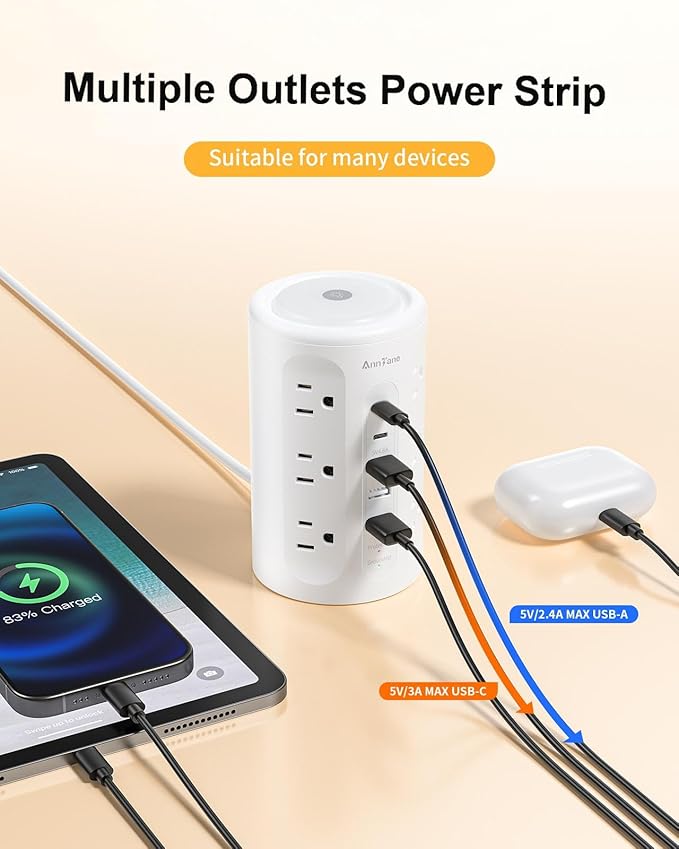 Power Strip Tower with Night Light, 15W Surge Protector Power Strip with USB - Image 6