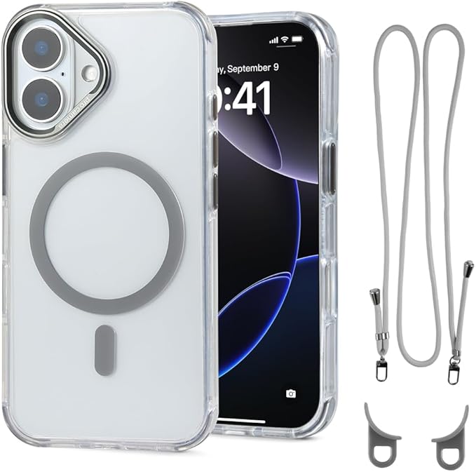 for iPhone 16 Case with 62.99 inch Lanyard, Classic Clear&Gray Magnetic Phone by QATYYY