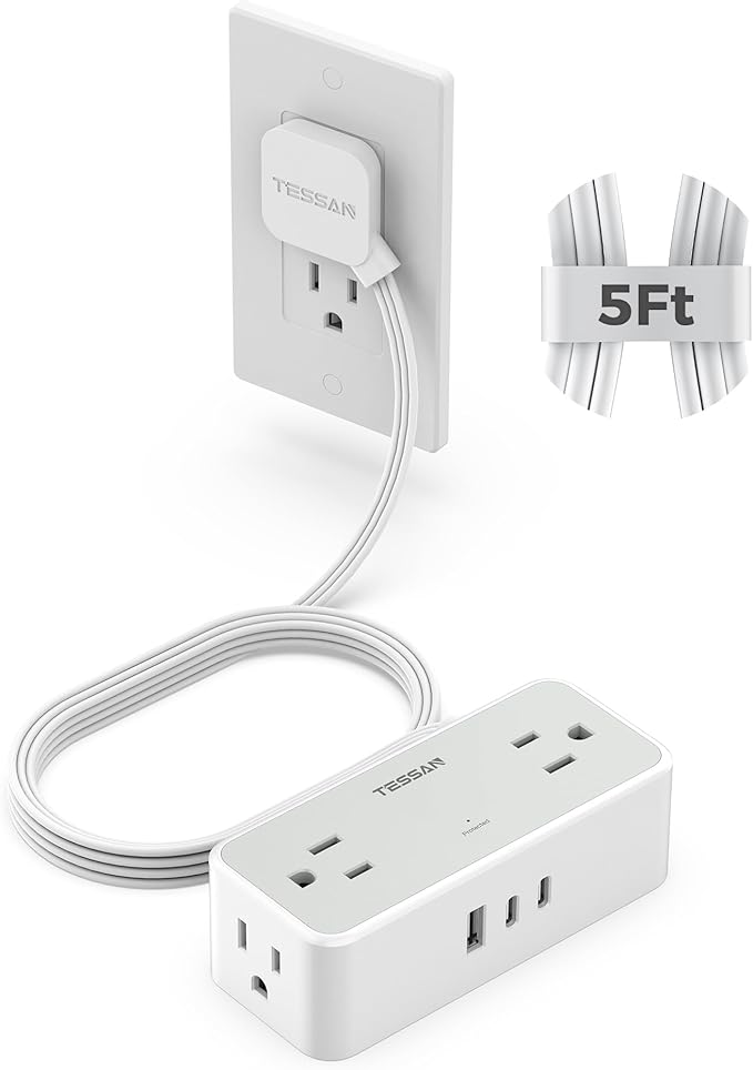 Flat Plug Extension Cord 5 FT, TESSAN Surge Protector Power Strip by TESSAN