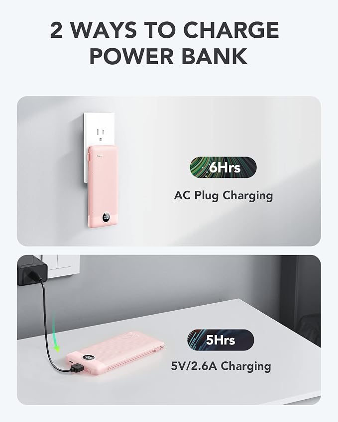 VRURC Portable Charger Built-in Cables and AC Wall Plug, USB C Power Bank - Image 5