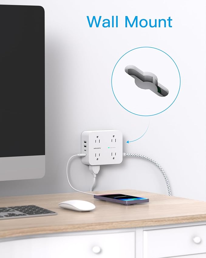 PD 30W USB C Power Strip Surge Protecor, HANYCONY 8 Outlets 4 USB, 1080J Desk - Image 7