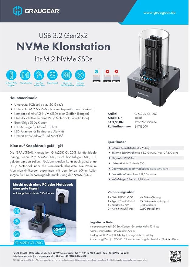 GRAUGEAR NVMe M.2 SSD Duplicator Dual-Bay Offline Clone Tool-Free, 20Gbps USB C - Image 10