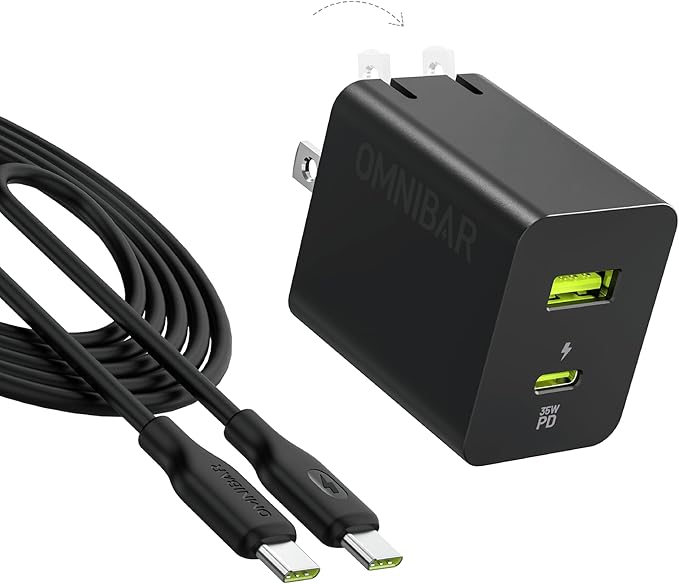 35W USB C Charger with 60W Type C Cable, 2 Ports GaN Fast Wall Charger Block by Omnibar