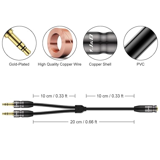 J&D 3.5 mm to 2X 3.5 mm Cable, 0.65 Feet - Image 2