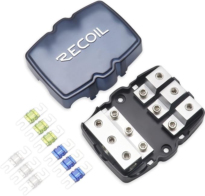 Recoil MFH13 3-Way Mini-ANL Fused Distribution Block, 3 X 0/2/4 Gauge in / 3 X by Recoil