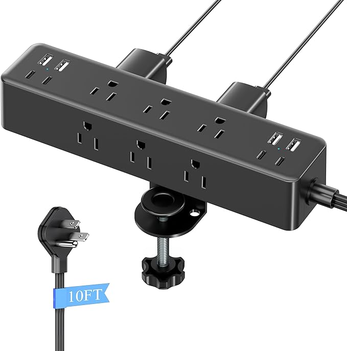 Flat Plug Desk Clamp Power Strip 10FT, 24W Total Charging Station, Desk Edge by AcozvinPowerStrip