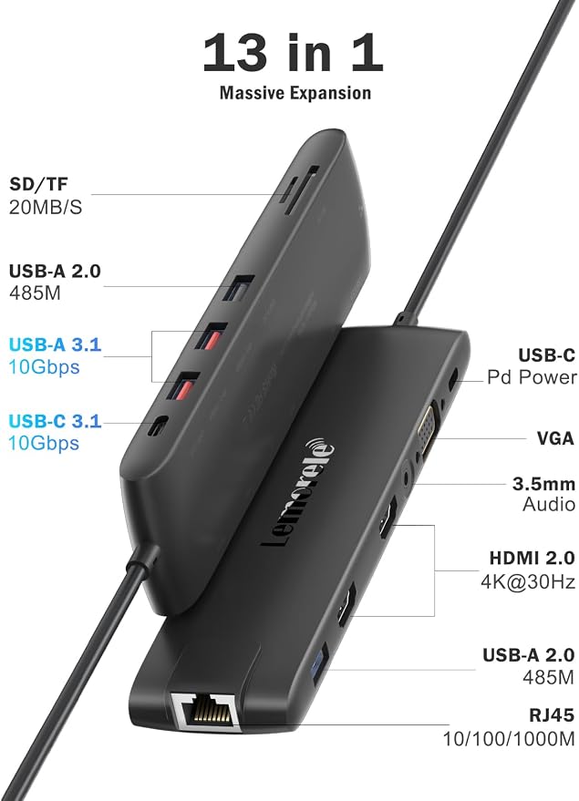 Docking Station USB C/A 10Gbps 3*Display 13 in 1, 2025 Upgrade Lemorele USB C - Image 2