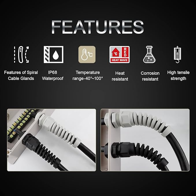LeMotech 10Pcs NPT 3/8" IP68 Waterproof Cable Gland Flex Spiral Strain Relief - Image 4