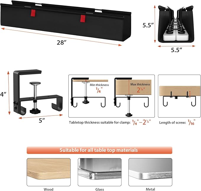 Univivi No Drill Under Desk Cable Management Tray, Clamp/Screw Mount Desk Cable - Image 4