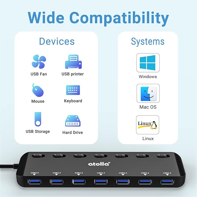 atolla 7-Port USB 3.0 Hub Splitter, USB Extender Ultra Slim Data USB Hub - Image 3