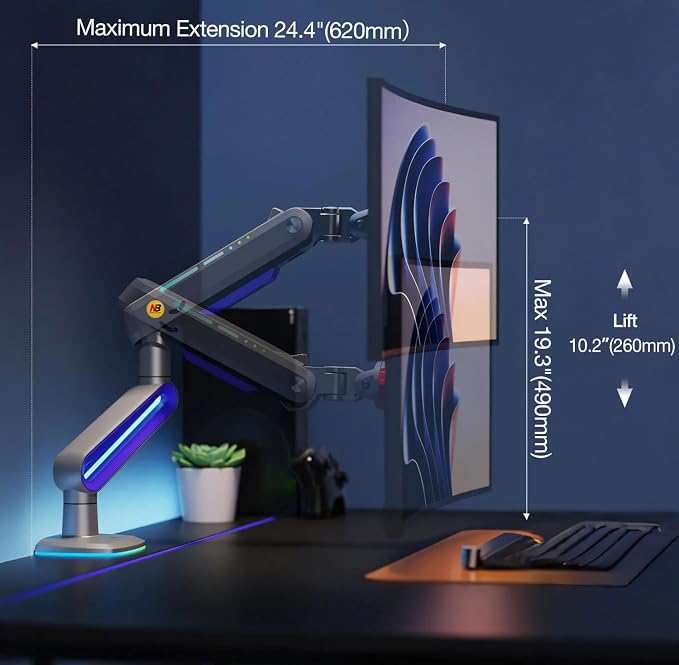 RGB Gaming Monitor-arm for Flat/Ultrawide/Curved Monitors 32 to 60 inch - Image 3