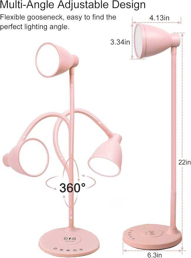 BOHON Cute Desk Lamp with USB C+A Charging Ports, Wireless Charger Pink Lamp - Image 6