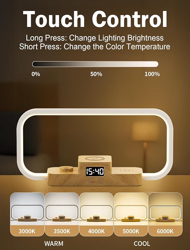 LED Bedside Lamp with Wireless Charger, 3 in 1 Touch Control Bedside Lamp - Image 2