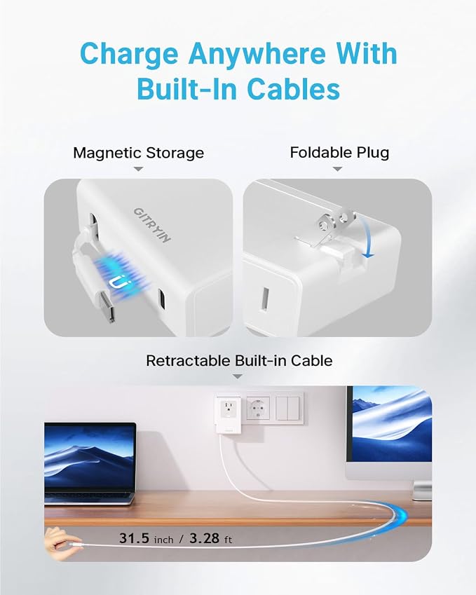 Flat USB C Wall Charger with 31.5in Retractable Type-C Cable, 5-in-1 Slim Wall - Image 8