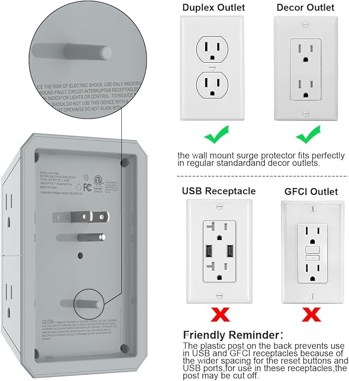 USB Wall Charger, Surge Protector, QINLIANF 5 Outlet Extender - Image 4