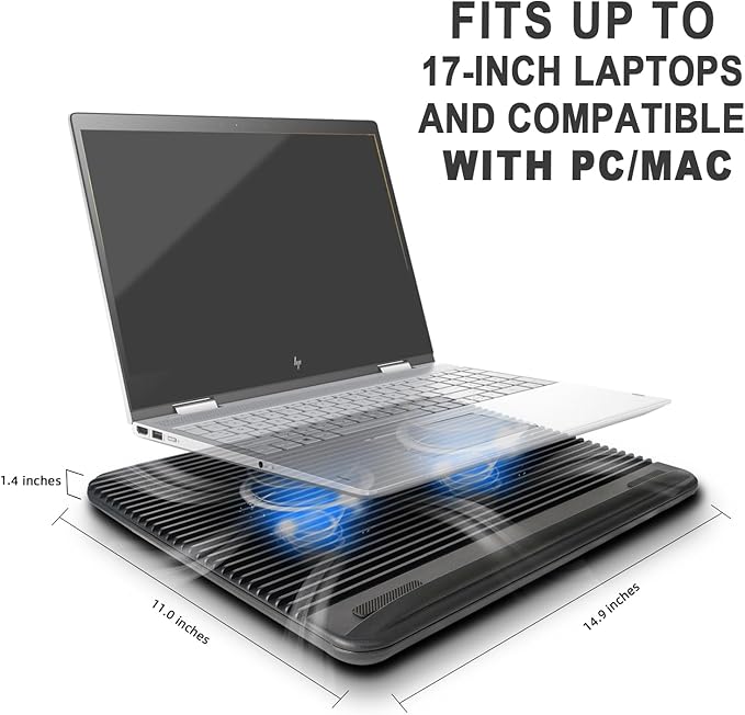 Laptop Cooling Pad, Coolertek USB Powered Laptop Cooler, 2 Blue Silent Big Fans - Image 6