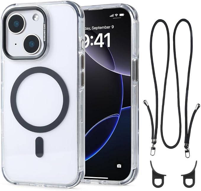 for iPhone 13/14 Case with 62.99 inch Lanyard, Classic Clear&Black Magnetic by QATYYY