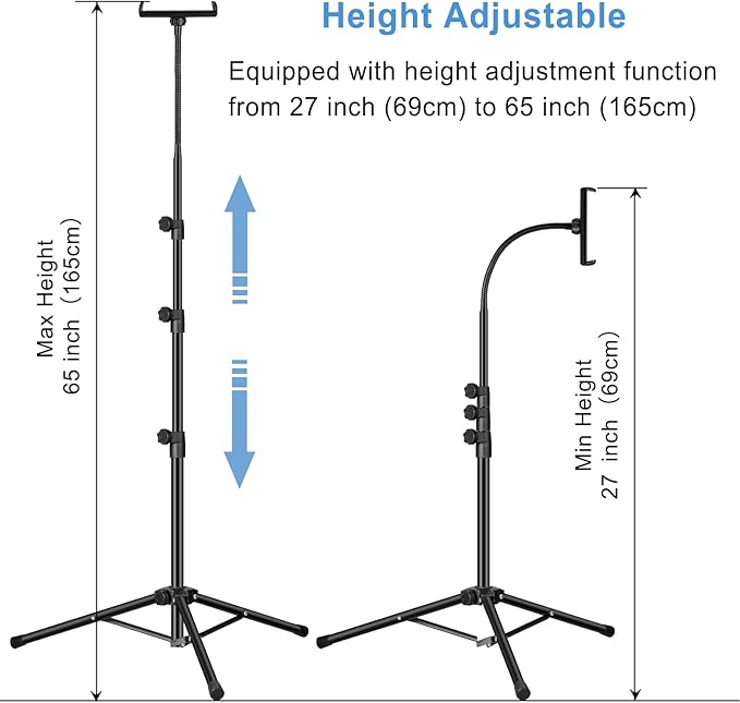 Ipad Tripod Stand, Gooseneck 65" Height Adjustable Floor Stand - Image 5