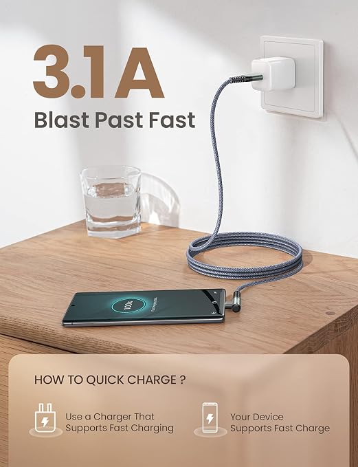 AINOPE Type C Cable Right Angle, 3.1A USB Type C Cable Fast Charging, Nylon - Image 3