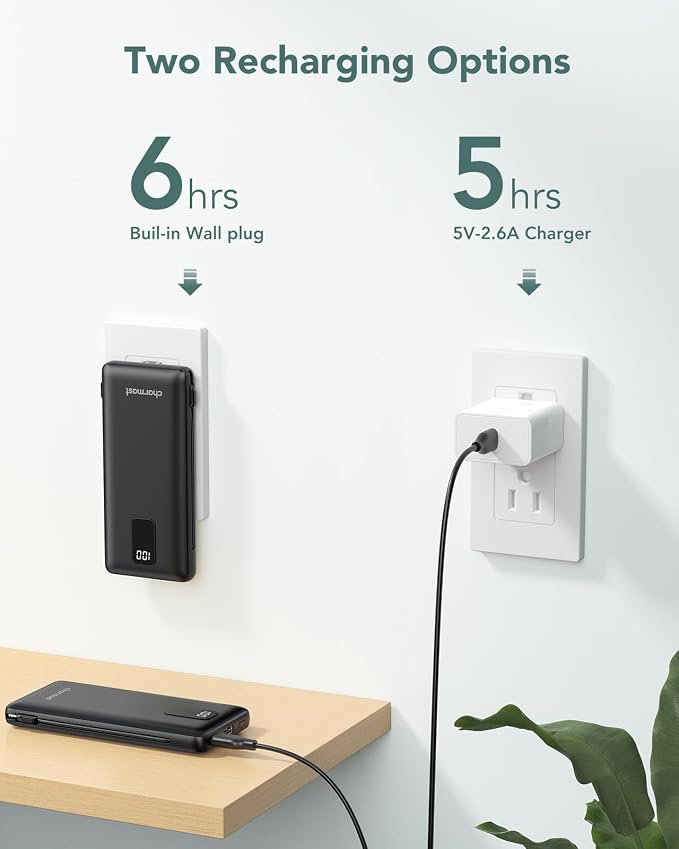charmast Portable Charger with Built-in Cables & Wall Plug, 10000mAh Portable - Image 5