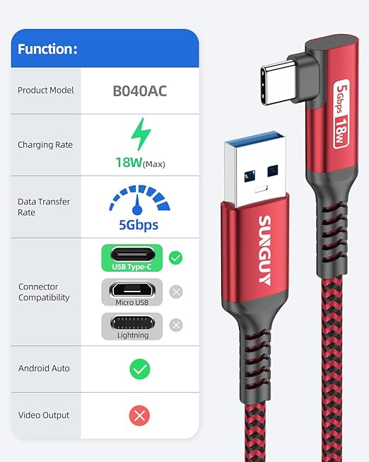 SUNGUY USB C Cable Right Angle 10FT, 5Gbps USB 3.0 to USB C Data Cable - Image 2