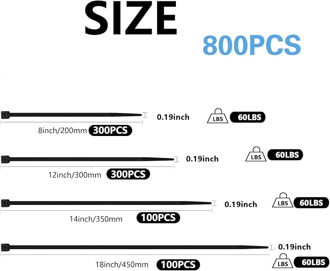 800 PCS Black Zip Ties Assorted Sizes 8+12+14+18 Inch Self-locking Nylon Cable - Image 2