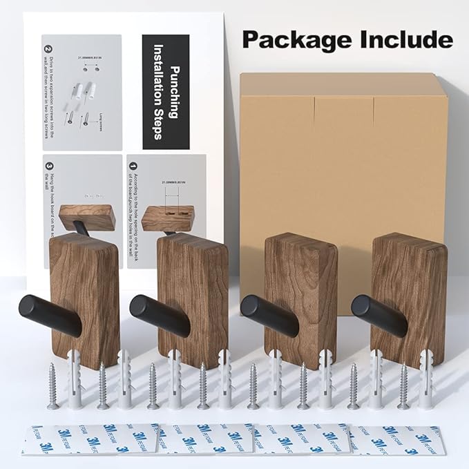 4 PCS Black Walnut Wood Wall Hooks, Adhesive Mounted & Wall Mounted Rustic - Image 6